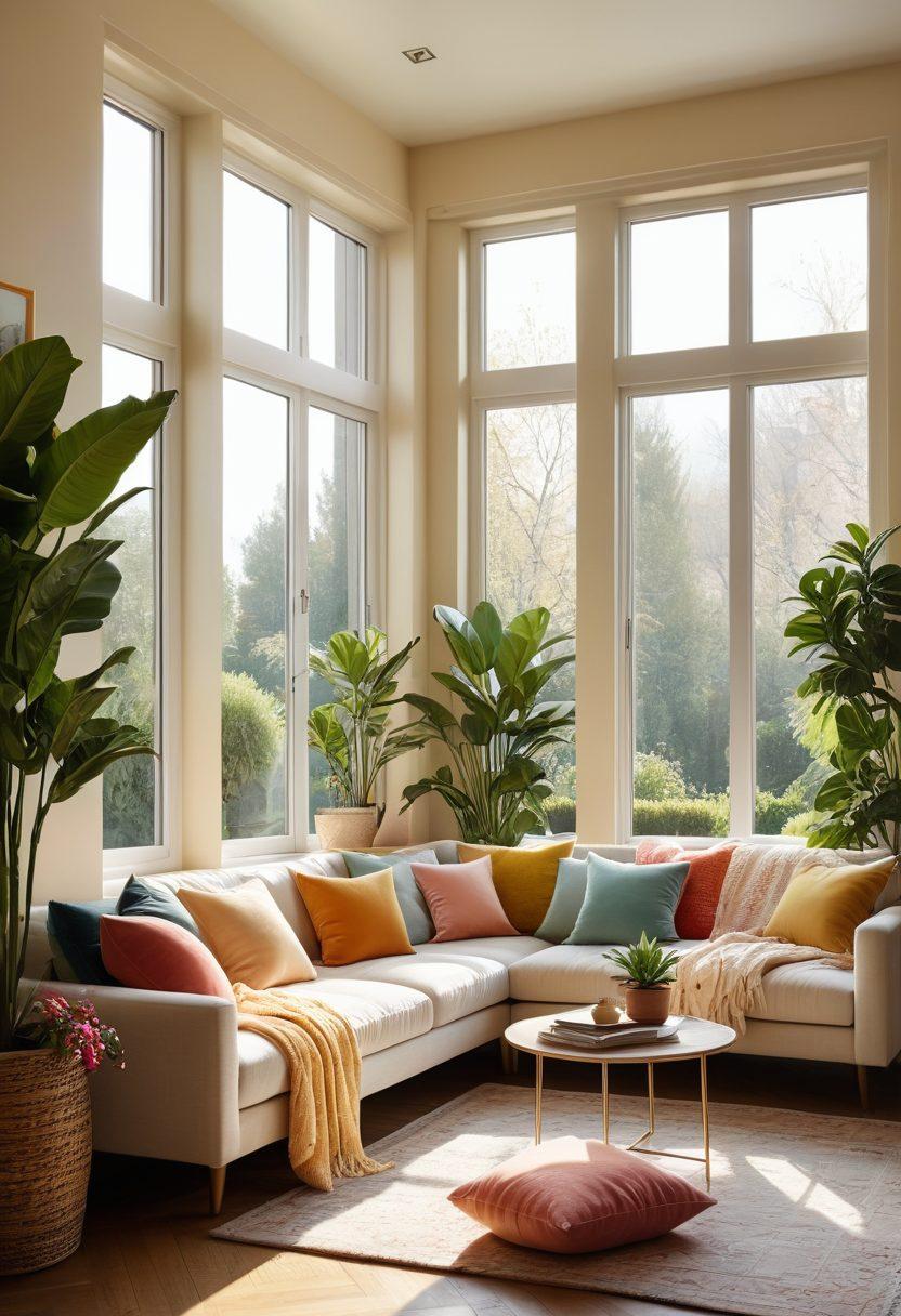 A warm and inviting living room featuring a harmonious blend of stylish furniture and soft textiles. Incorporate a plush sofa, textured throw blankets, and decorative cushions, set against a backdrop of soothing colors and natural light through a large window. Add personal touches like houseplants and artwork that exude comfort and elegance. The atmosphere should evoke feelings of serenity and homeliness, perfect for a cozy interior. super-realistic. vibrant colors. inviting ambiance.