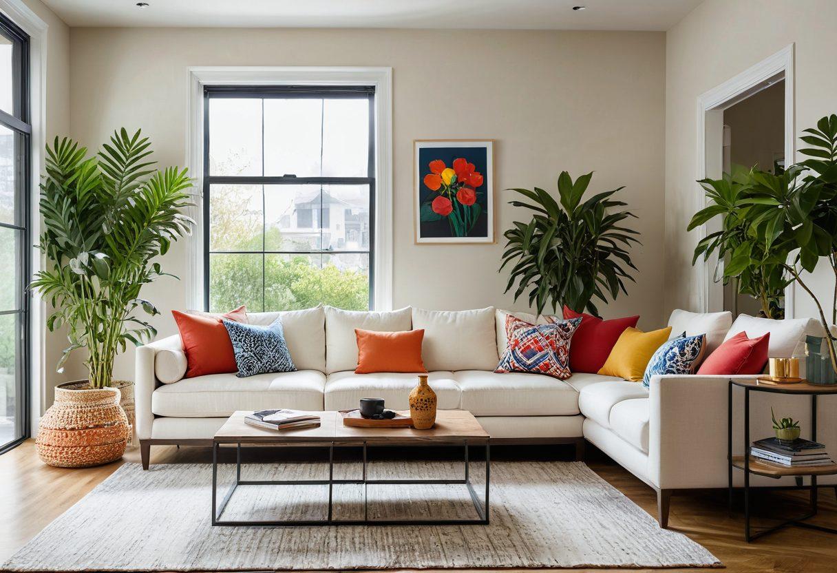 A beautifully styled living room showcasing functional furniture and stunning home decor. Include a modern sofa, vibrant cushions, and artistic wall decor. Showcase cozy lighting and a touch of greenery with potted plants. The atmosphere should be inviting and elegantly designed. super-realistic. vibrant colors. natural lighting.
