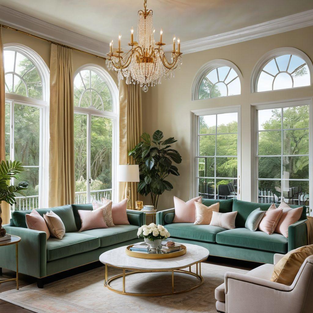 A beautifully designed living room showcasing elegant furnishings with plush sofas, rich textures, and tasteful decor. Incorporate calming pastel colors and natural light streaming through large windows, highlighting decorative elements like plants and artwork. Include a cozy reading nook and hints of sophistication, such as gold accents or a stylish chandelier. super-realistic. vibrant colors. bright ambiance.